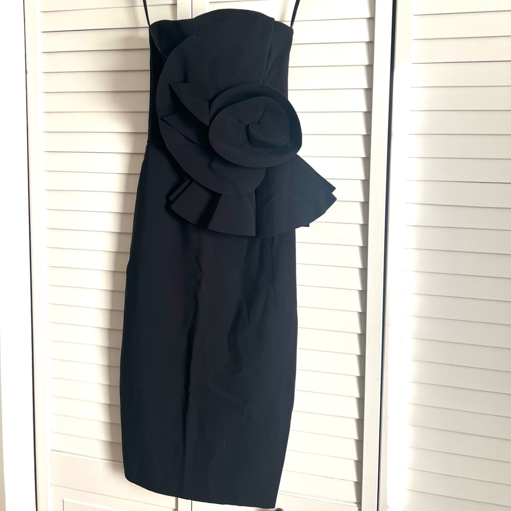 Black strapless Chiara Boni La Petite Robe Hebe Strapless Ruffle Sheath Dress